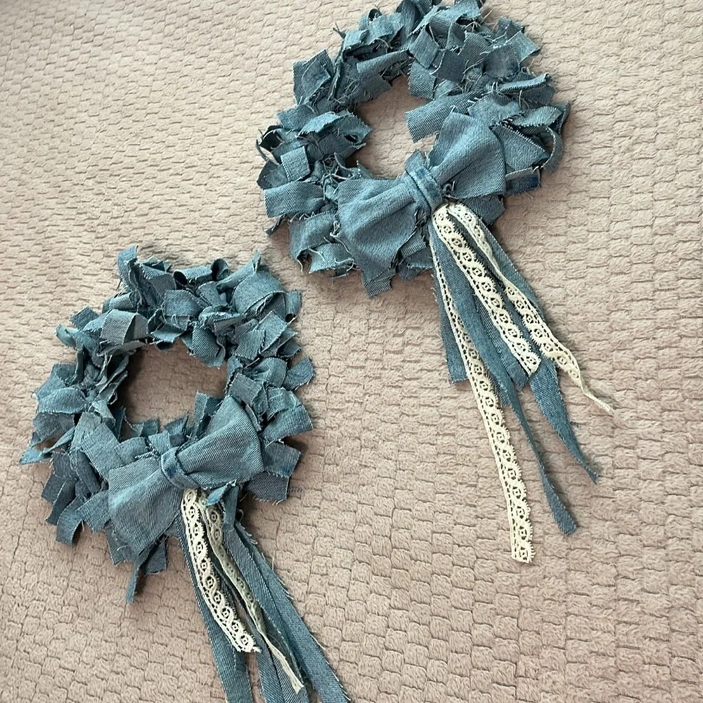 Shabby Rag Denim Wreath Bundle Lot Small Boho Country Farmhouse Western Bow